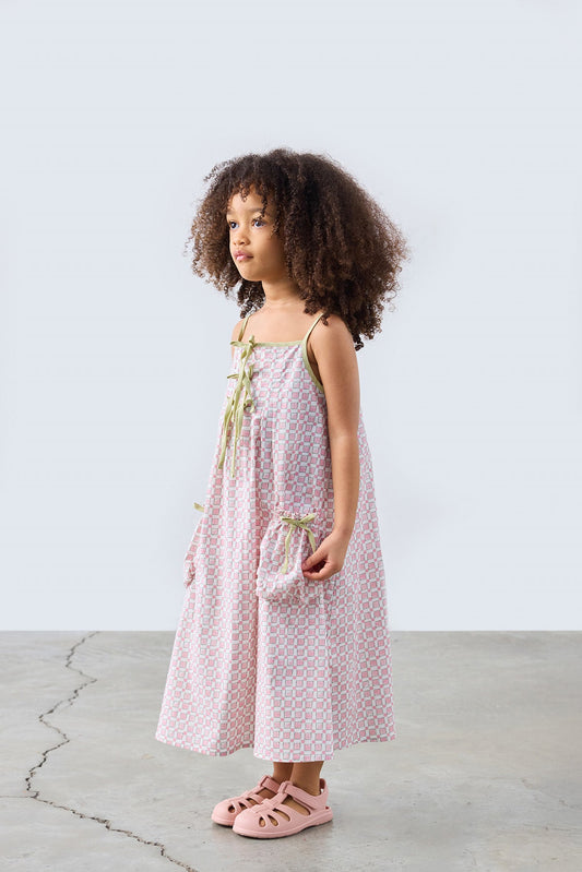 Nona Patterned Strappy Midi Dress for kids from Lunette's Sweet & Salty SS26 collection, Kuwait