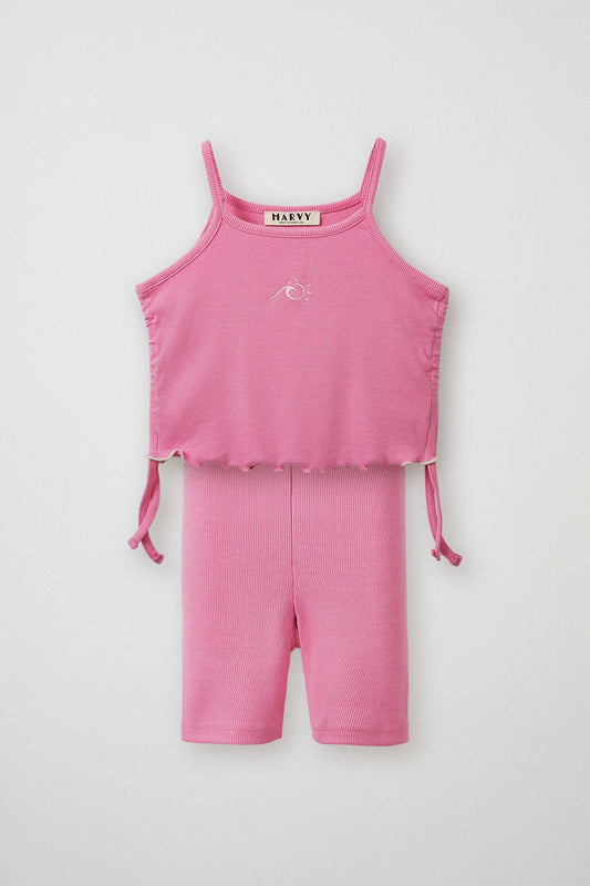 Pink ribbed strap blouse & mini shorts set for kids from Lunette's Sweet & Salty SS26 collection, Kuwait